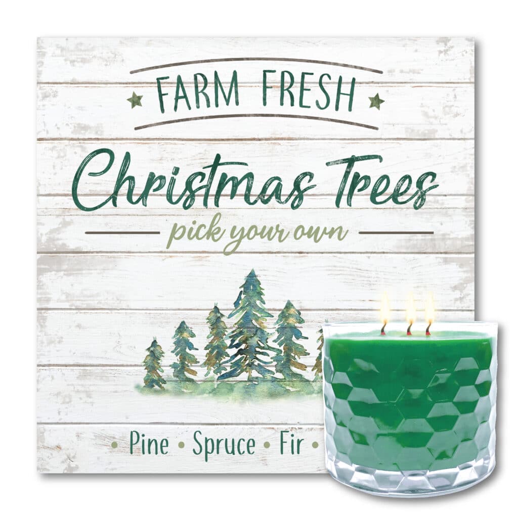 Christmas Trees Farm Green & Gray Artboard & 3-Wick Candle