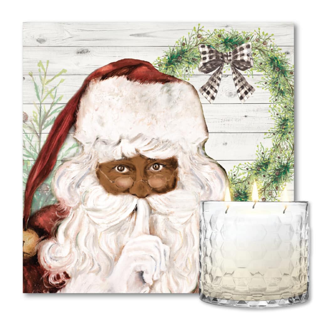 African American Here Comes Santa Artboard & 3-Wick Candle