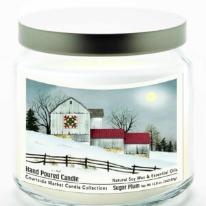Winter Quilted Barn 12.8oz Sugar Plum Soy Wax Candle Glass Jar with Silver Metal Lid