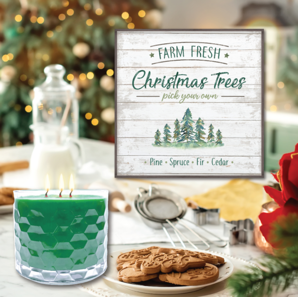 Christmas Trees Farm 12″ Artboard & 3-Wick 13.5oz Evergreen Soy Wax Candle Set - Image 3