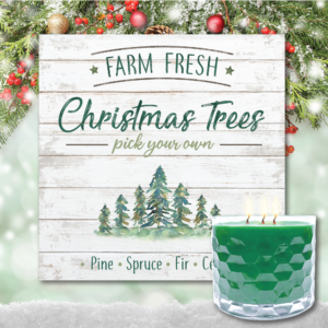 Christmas Trees Farm 12″ Artboard & 3-Wick 13.5oz Evergreen Soy Wax Candle Set