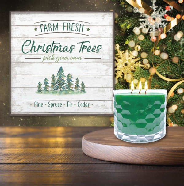 Christmas Trees Farm 12″ Artboard & 3-Wick 13.5oz Evergreen Soy Wax Candle Set - Image 4