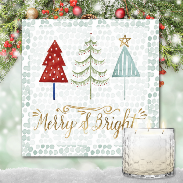 Christmas Tree Whimsy 12″ Artboard & 3-Wick 13.5oz Candy Cane Soy Wax Candle Set