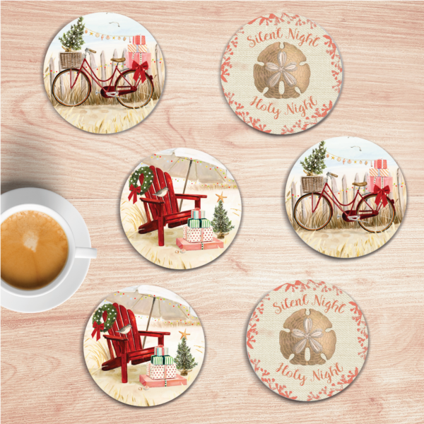 Christmas at the Beach 6 Piece 4" Ceramic Coaster with Cork Back Set - Image 3