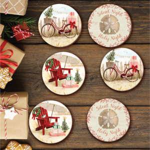 Christmas at the Beach 6 Piece 4" Ceramic Coaster with Cork Back Set