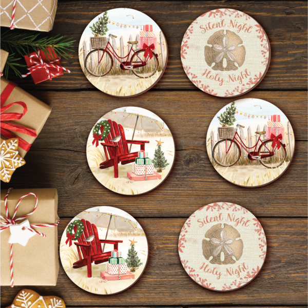 Christmas at the Beach 6 Piece 4" Ceramic Coaster with Cork Back Set