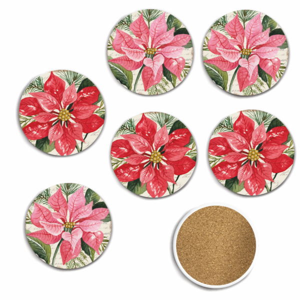Poinsettia 6 Piece 4″ Ceramic Coaster with Cork Back Set - Image 3
