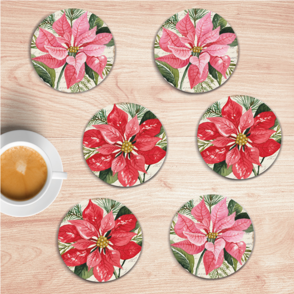 Poinsettia 6 Piece 4″ Ceramic Coaster with Cork Back Set - Image 2