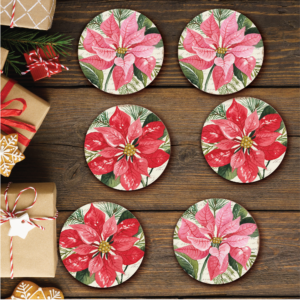 Poinsettia 6 Piece 4″ Ceramic Coaster with Cork Back Set
