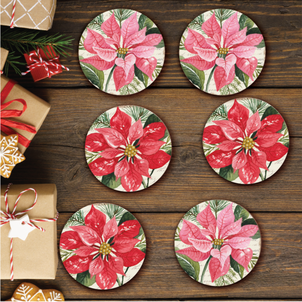Poinsettia 6 Piece 4″ Ceramic Coaster with Cork Back Set