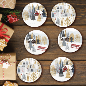 Christmas Chalet 6 Piece 4" Ceramic Coaster with Cork Back Set