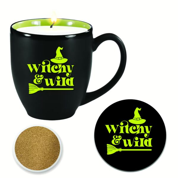 Ceramic Mug with 13oz Ghoulish Green Apple Scented Soy Wax Candle & Coaster Set