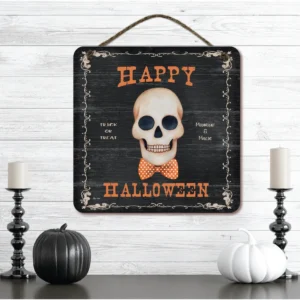 Vintage Skull Happy Halloween Vintage ~ 12×12″ Wooden Artboard Wall Decor with Twine