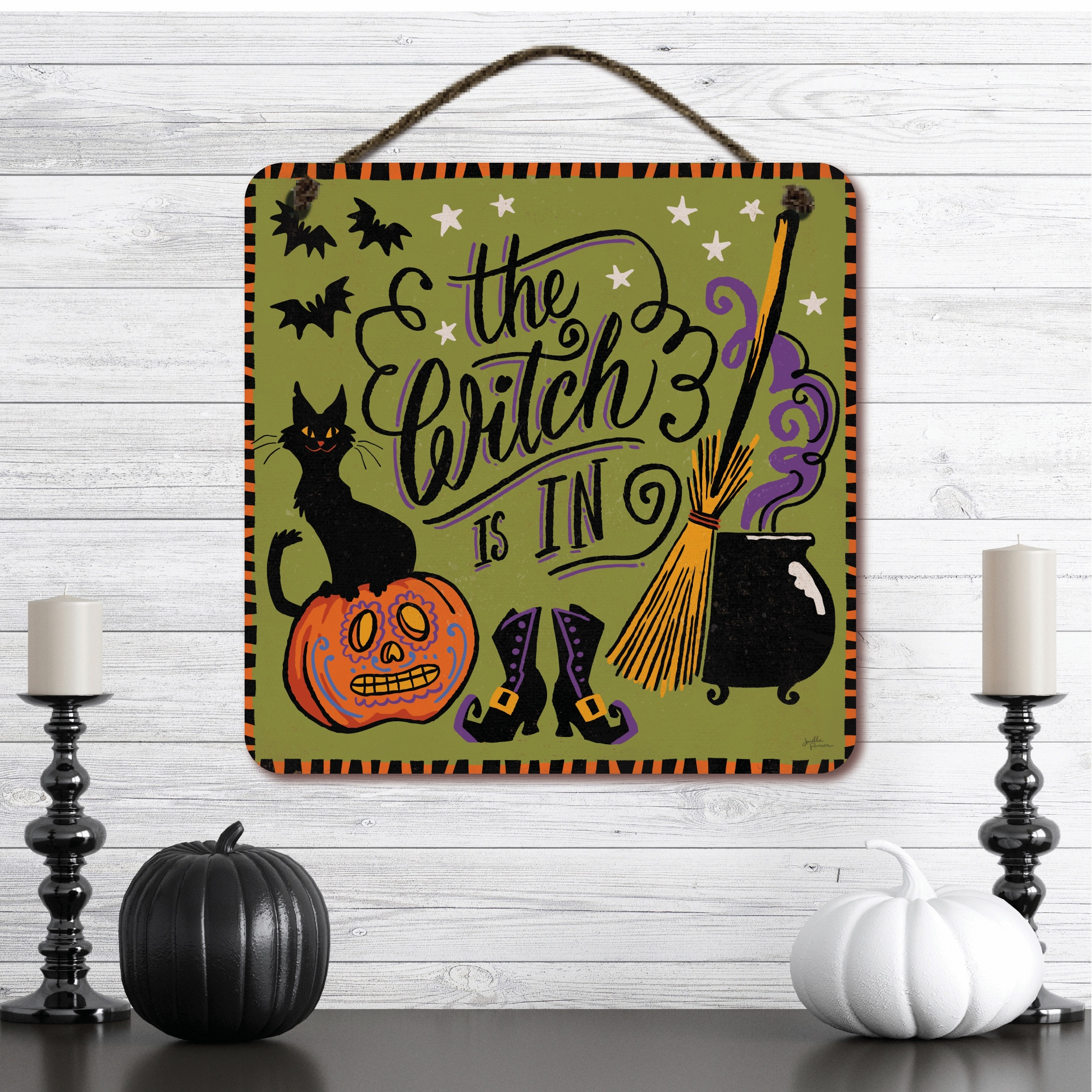 The Witch Is In ~ 12x12" Wooden Artboard Wall Decor with Twine