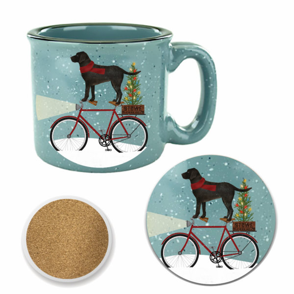 Black Lab on Bike Christmas 15oz Cozy Ceramic Mug & 4" Coaster Set