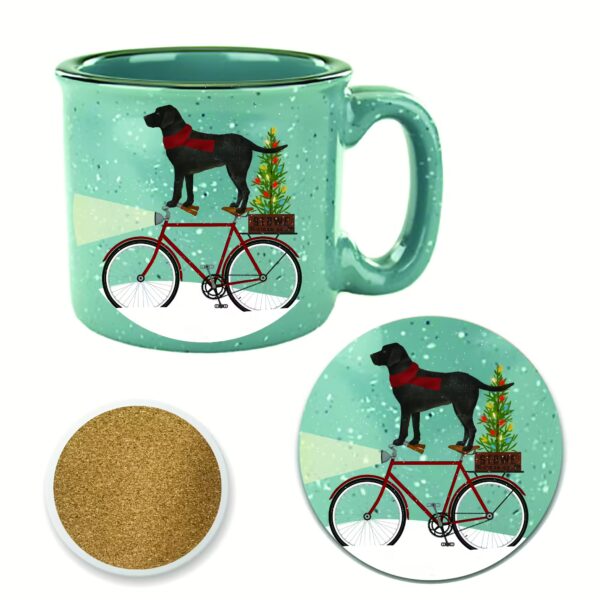 Black Lab on Bike Christmas 15 oz Cozy Mug & Coaster Set