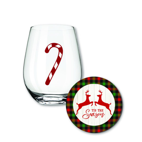 'Tis the Season Collection ~ 16oz Stemless Wine Glass and Coaster Set