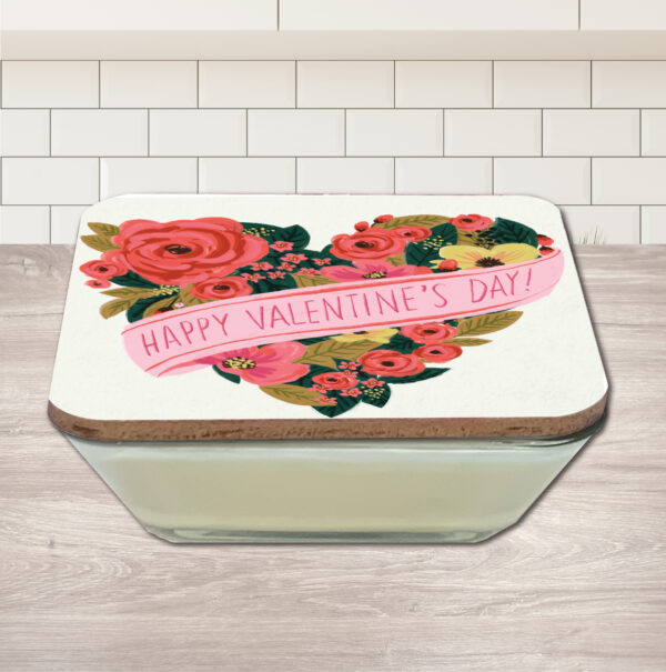 Happy Valentine's Day Floral Heart Strawberry Rose 20oz Soy Wax Candle & Artboard Lid Set - Image 4