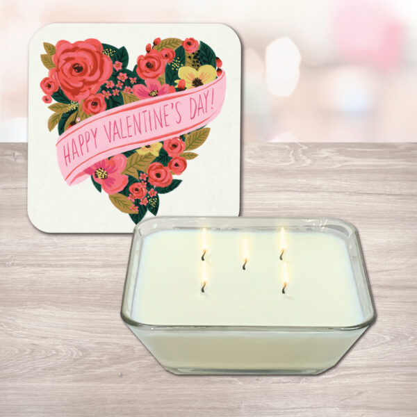 Happy Valentine's Day Floral Heart Strawberry Rose 20oz Soy Wax Candle & Artboard Lid Set - Image 3