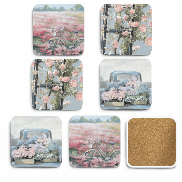 Carolina Cozy Pick 🐝🌺~ Floral Blush 4" Square Ceramic Coasters - 6 Piece Set