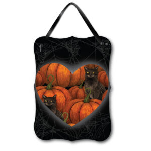 Pumpkins & Black Cat Hanging ArtBoard with Black Ribbon