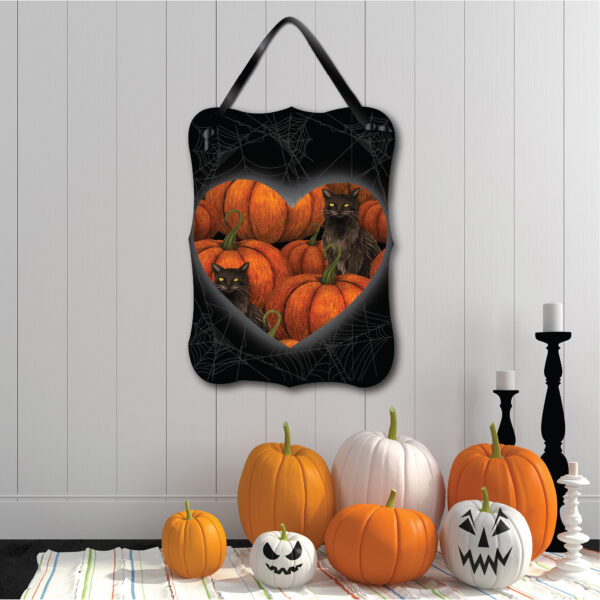 Pumpkins & Black Cat Hanging ArtBoard with Black Ribbon - Image 2