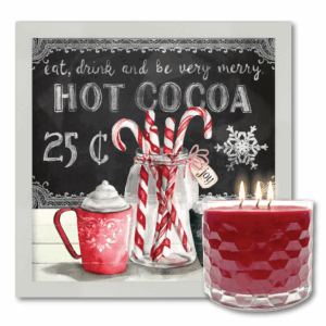 Hot Cocoa & Peppermint 12″ Framed Artboard & 3-Wick 13.5oz Candy Cane Soy Wax Candle Set