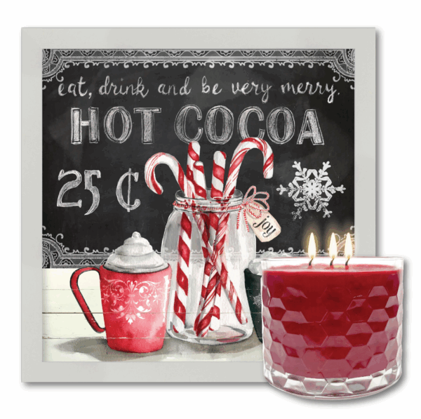 Hot Cocoa & Peppermint 12″ Framed Artboard & 3-Wick 13.5oz Candy Cane Soy Wax Candle Set