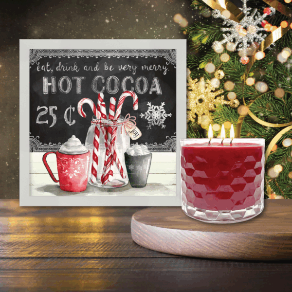 Hot Cocoa & Peppermint 12″ Framed Artboard & 3-Wick 13.5oz Candy Cane Soy Wax Candle Set - Image 2