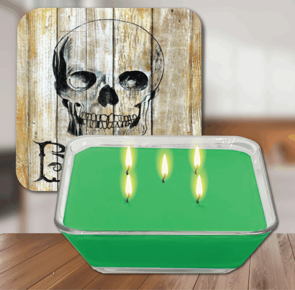 Haunting Boo! Skull ~ Monster Mint Chocolate 5 Wick, 20oz Soy Wax Candle & Artboard Lid Set - Image 3