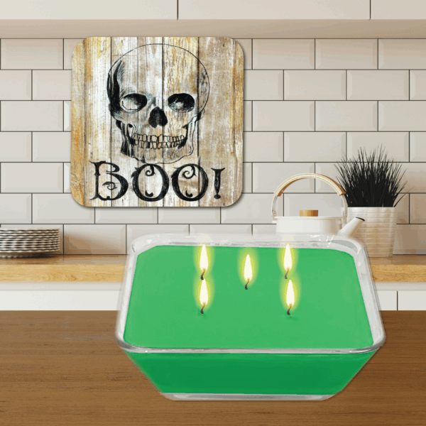 Haunting Boo! Skull ~ Monster Mint Chocolate 5 Wick, 20oz Soy Wax Candle & Artboard Lid Set