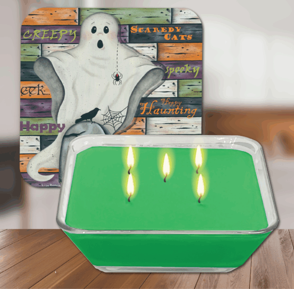 Ghostly Halloween ~ Green Apple 5 Wick, 20oz Soy Wax Candle & Artboard Lid Set - Image 4