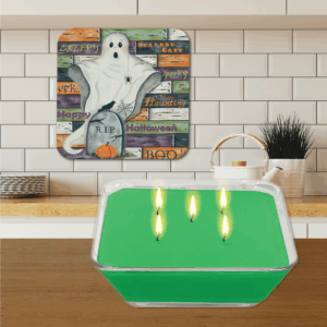Ghostly Halloween ~ Green Apple 5 Wick, 20oz Soy Wax Candle & Artboard Lid Set
