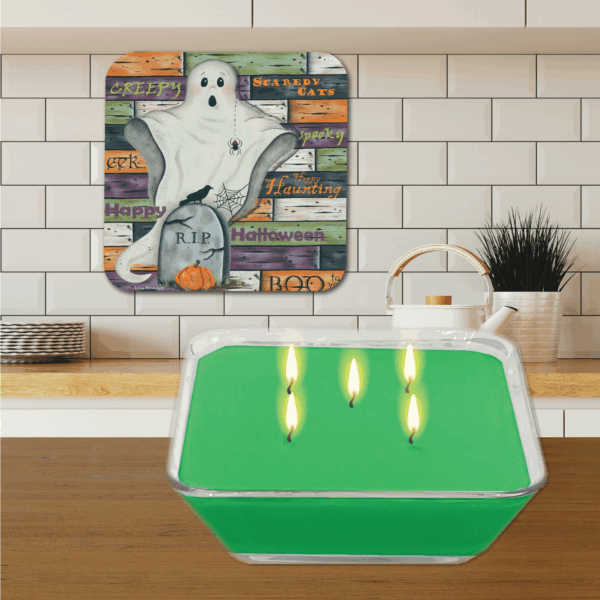 Ghostly Halloween ~ Green Apple 5 Wick, 20oz Soy Wax Candle & Artboard Lid Set