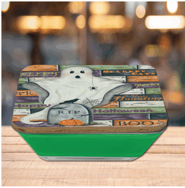 Ghostly Halloween ~ Green Apple 5 Wick, 20oz Soy Wax Candle & Artboard Lid Set - Image 2