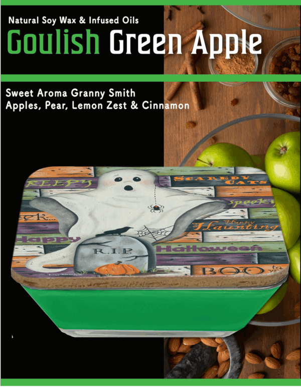 Ghostly Halloween ~ Green Apple 5 Wick, 20oz Soy Wax Candle & Artboard Lid Set - Image 5
