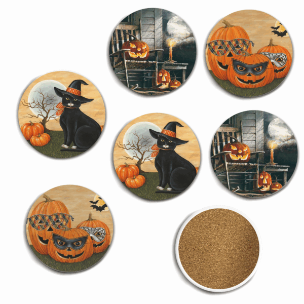 Hauntingly Halloween Masquerade 6 Piece 4" Ceramic Coaster with Cork Back Set - Image 3