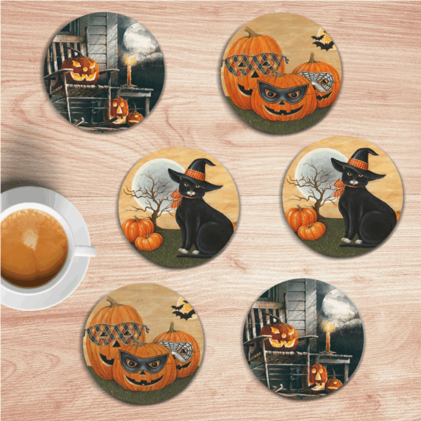 Hauntingly Halloween Masquerade 6 Piece 4" Ceramic Coaster with Cork Back Set - Image 2