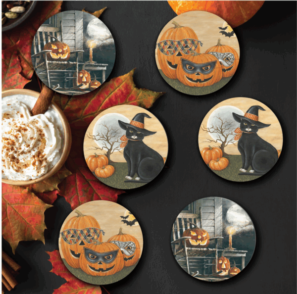 Hauntingly Halloween Masquerade 6 Piece 4" Ceramic Coaster with Cork Back Set