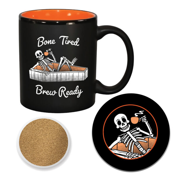Bone Tired, Brew Ready Ceramic 11oz Artisan Mug & 4" Coaster Set - Image 2