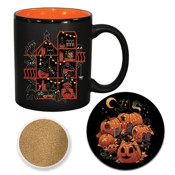 Happy Meoween Cat Ceramic 11oz Artisan Mug & 4" Coaster Set
