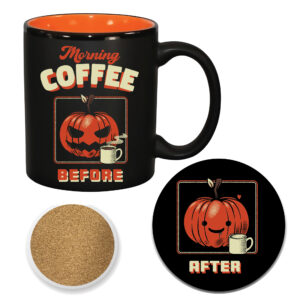 Morning Coffee ~ Before & After Pumpkin Ceramic 11oz Artisan Mug & 4" Coaster Set