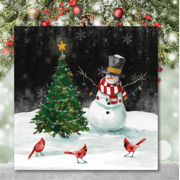 Snowman and Cardinals at Night Gallery Wrapped Canvas Wall Art - Image 4