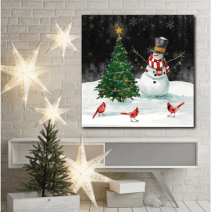 Snowman and Cardinals at Night Gallery Wrapped Canvas Wall Art