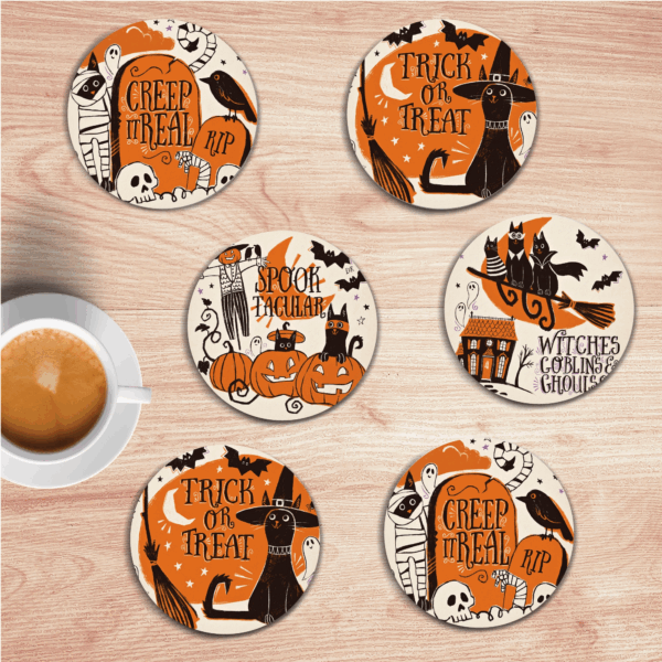 Creep It Real ~ 4" Ceramic Coaster with Cork Back 6 Piece Set