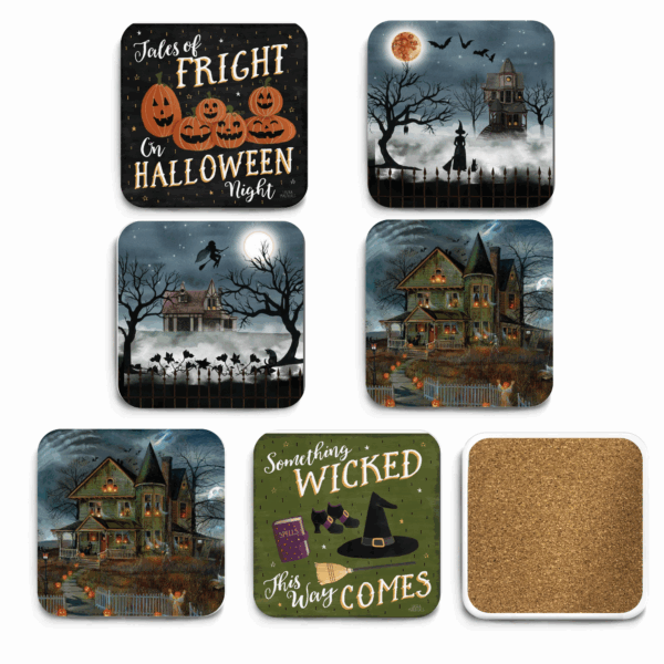 Night of Fright Halloween ~ 4" Ceramic Coaster with Cork Back 6 Piece Set