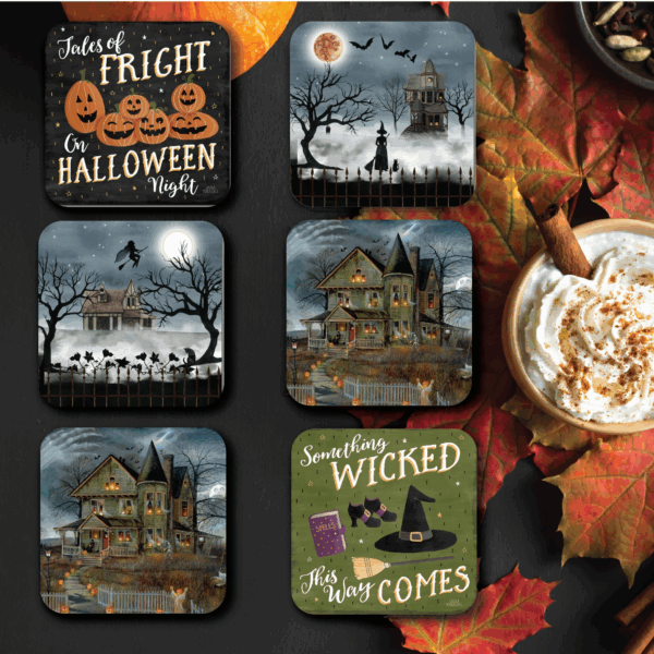Night of Fright Halloween ~ 4" Ceramic Coaster with Cork Back 6 Piece Set - Image 3