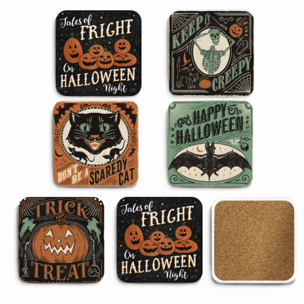 Vintage Halloween ~ 4" Ceramic Coaster with Cork Back 6 Piece Set - Image 3