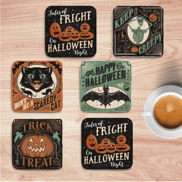 Vintage Halloween ~ 4" Ceramic Coaster with Cork Back 6 Piece Set - Image 2