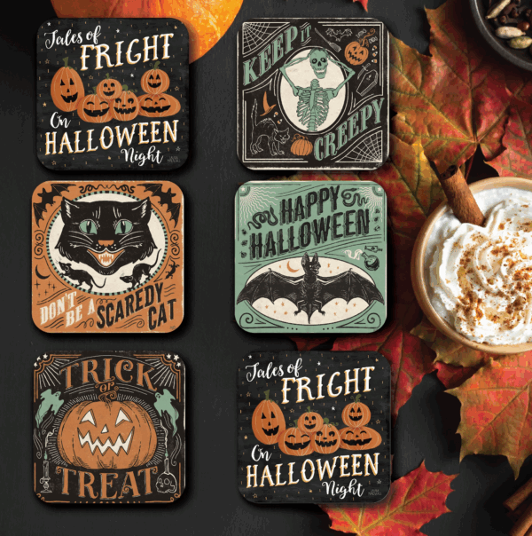 Vintage Halloween ~ 4" Ceramic Coaster with Cork Back 6 Piece Set